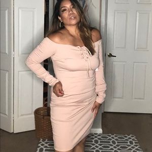 Off the shoulder Rosetta nude me midi dress